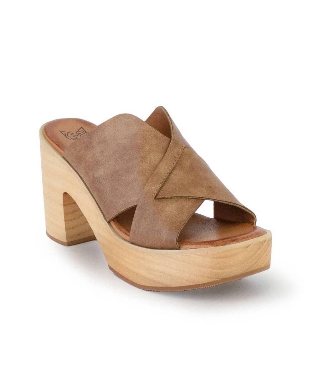 NEW BEAST FASHION women's presley crisscross wooden heel sandal in taupe